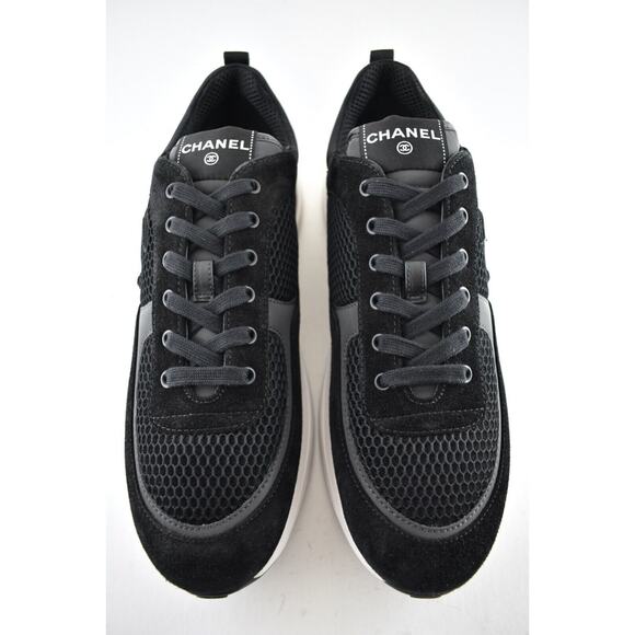Chanel 22P Mens Black White Suede CC Logo Low Top Lace Up Trainer Sneaker 45 12 - Picture 6 of 12